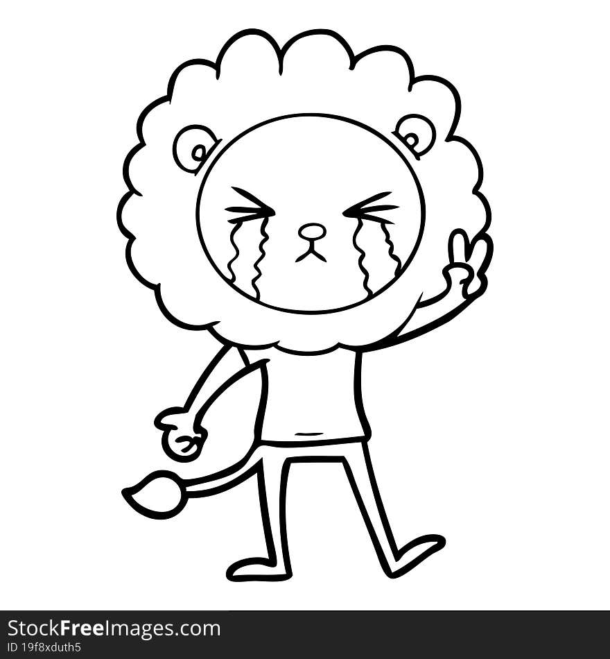 cartoon crying lion giving peace sign. cartoon crying lion giving peace sign