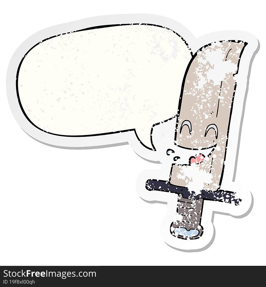 cartoon laughing knife with speech bubble distressed distressed old sticker. cartoon laughing knife with speech bubble distressed distressed old sticker