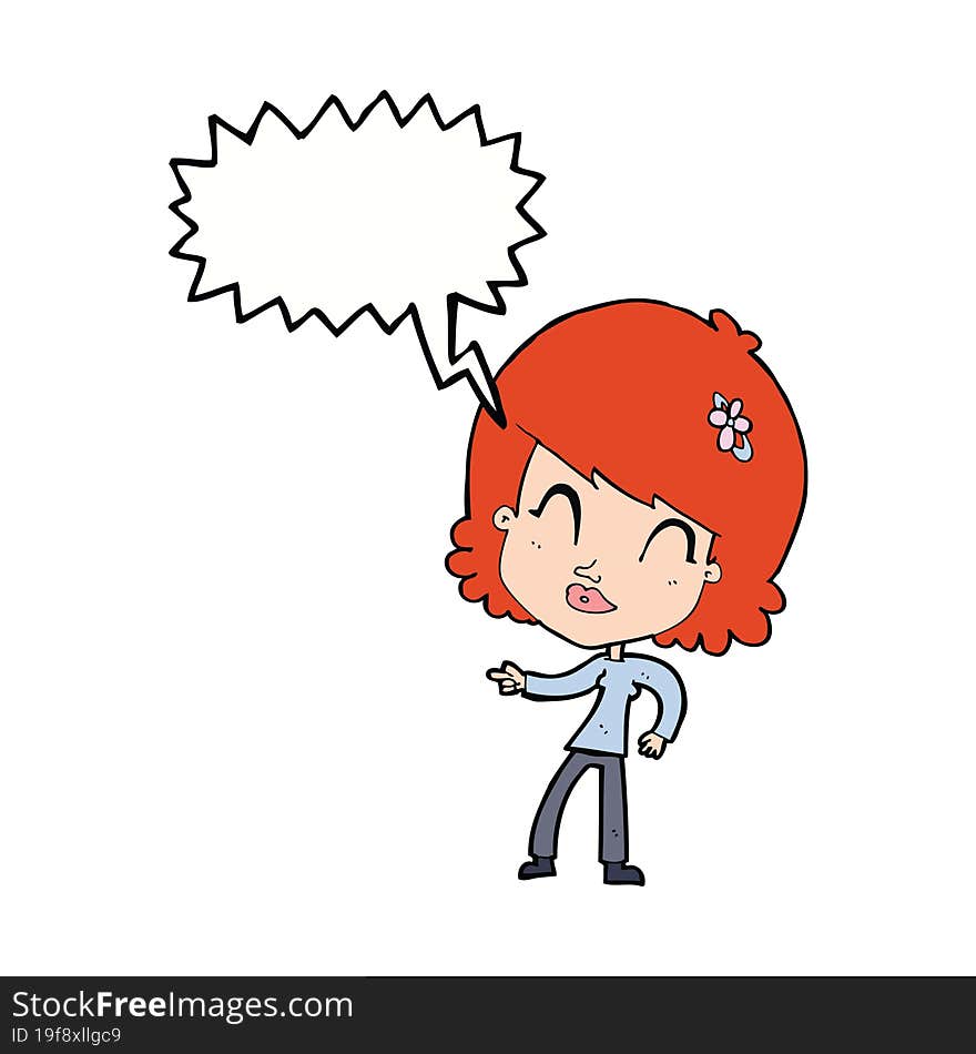 cartoon happy woman pointing with speech bubble