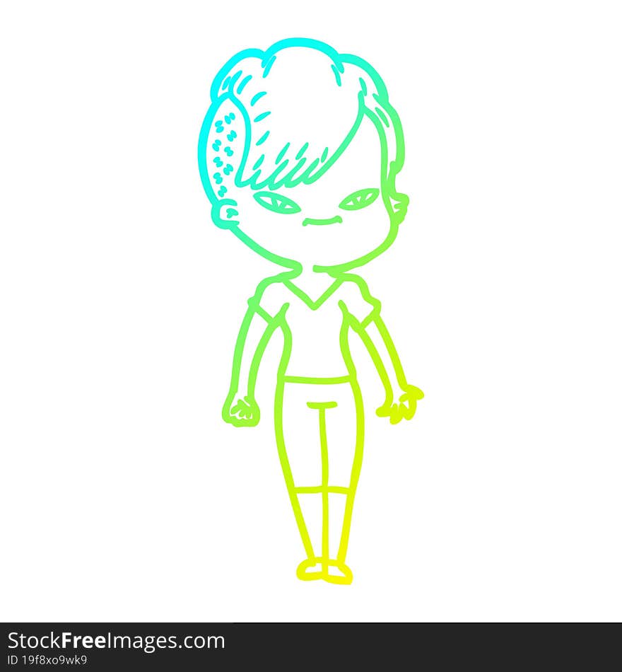 cold gradient line drawing cute cartoon girl with hipster haircut