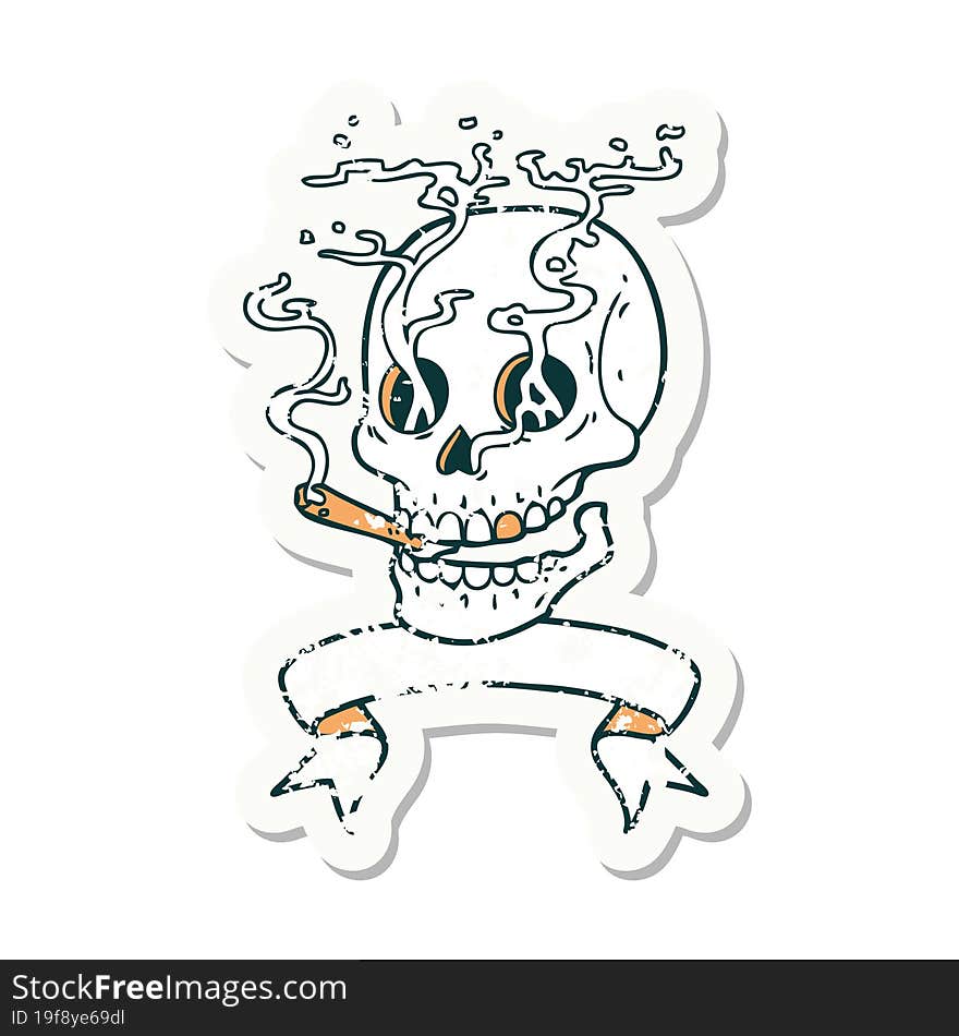 grunge sticker with banner of a skull smoking