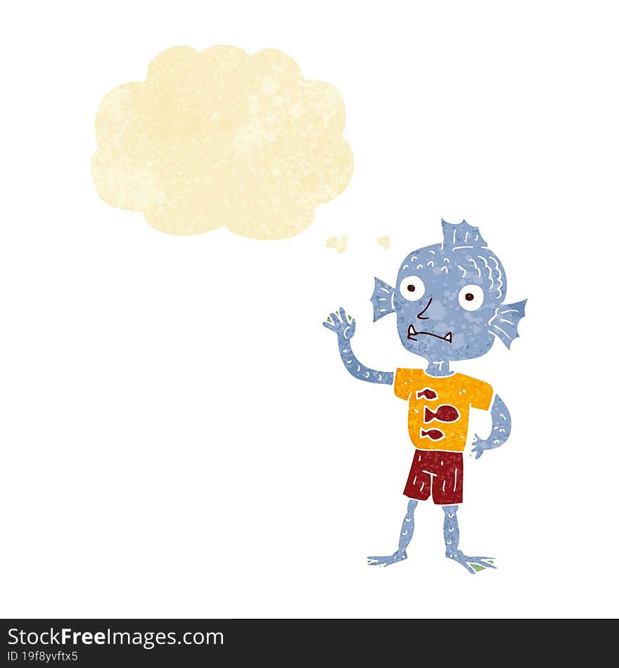 cartoon waving fish boy with thought bubble