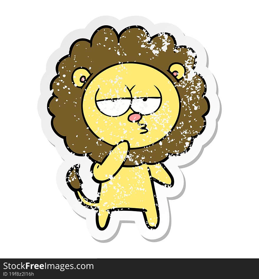 distressed sticker of a cartoon tired lion