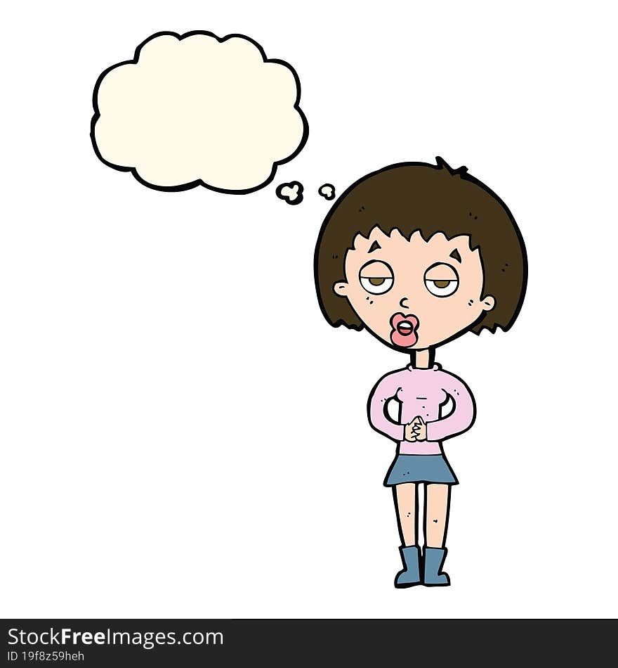 cartoon bored woman waiting with thought bubble