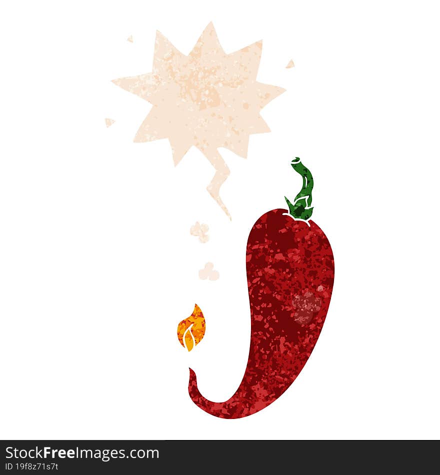 cartoon chili pepper and speech bubble in retro textured style