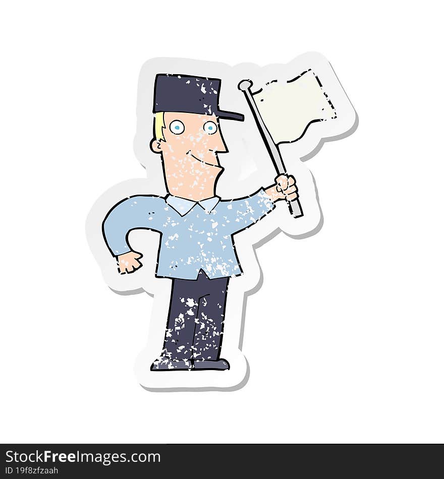 retro distressed sticker of a cartoon man waving flag