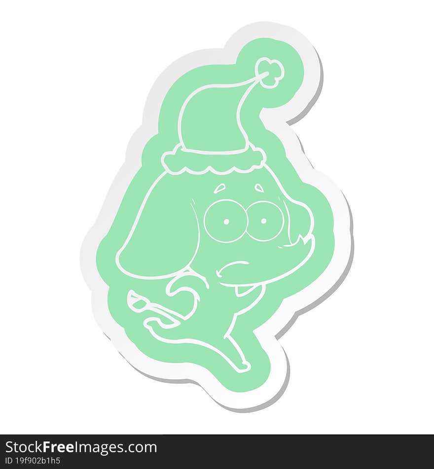 cartoon  sticker of a unsure elephant running away wearing santa hat