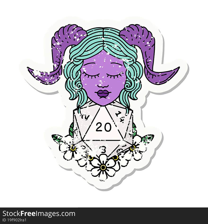 grunge sticker of a tiefling with natural twenty dice roll. grunge sticker of a tiefling with natural twenty dice roll