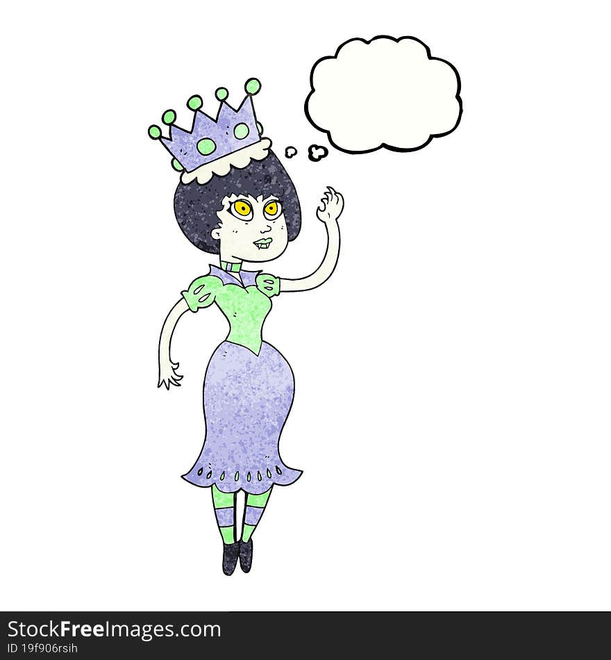 freehand drawn thought bubble textured cartoon vampire queen waving