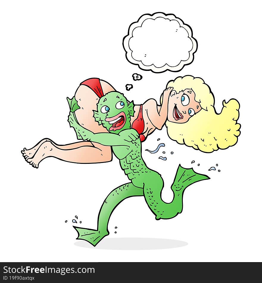 cartoon swamp monster carrying girl in bikini with thought bubble