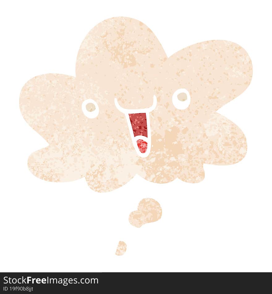 cute happy cartoon face and thought bubble in retro textured style