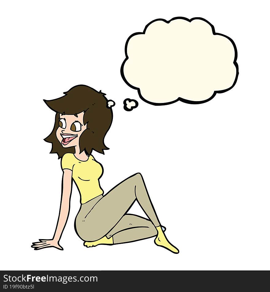 cartoon pretty woman looking happy with thought bubble