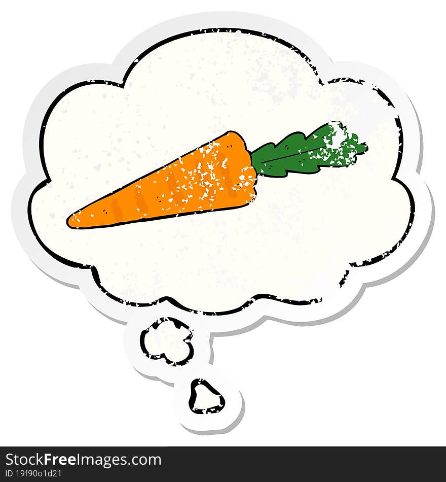 cartoon carrot with thought bubble as a distressed worn sticker