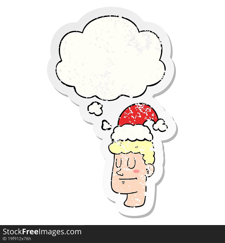 cartoon man wearing christmas hat and thought bubble as a distressed worn sticker