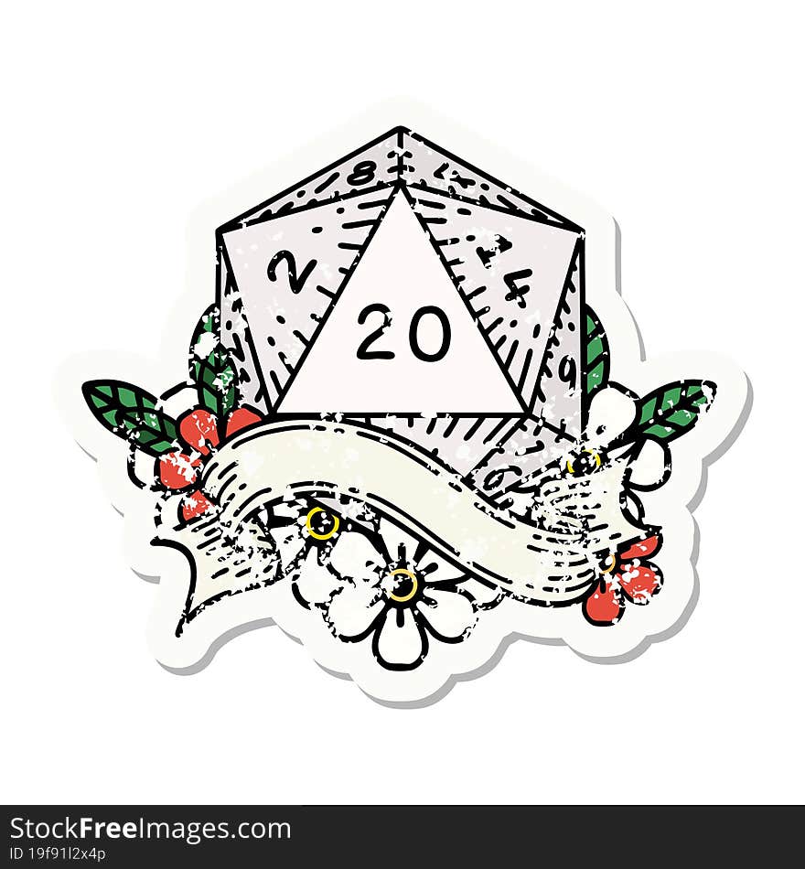 natural twenty D20 dice roll grunge sticker