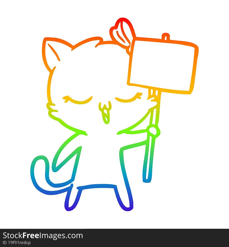 rainbow gradient line drawing cartoon cat with bow on head