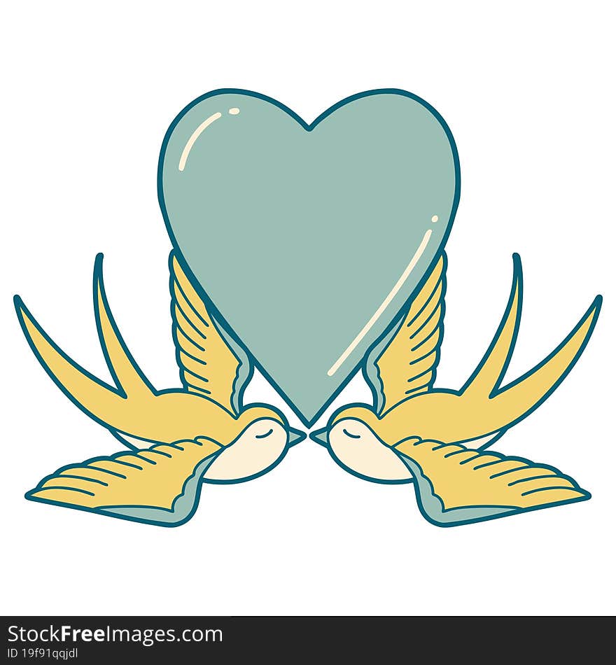 iconic tattoo style image of swallows and a heart. iconic tattoo style image of swallows and a heart