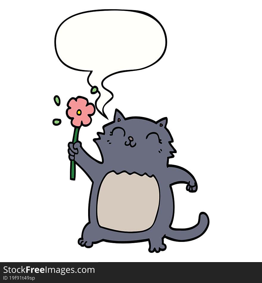 cartoon cat with flower with speech bubble. cartoon cat with flower with speech bubble