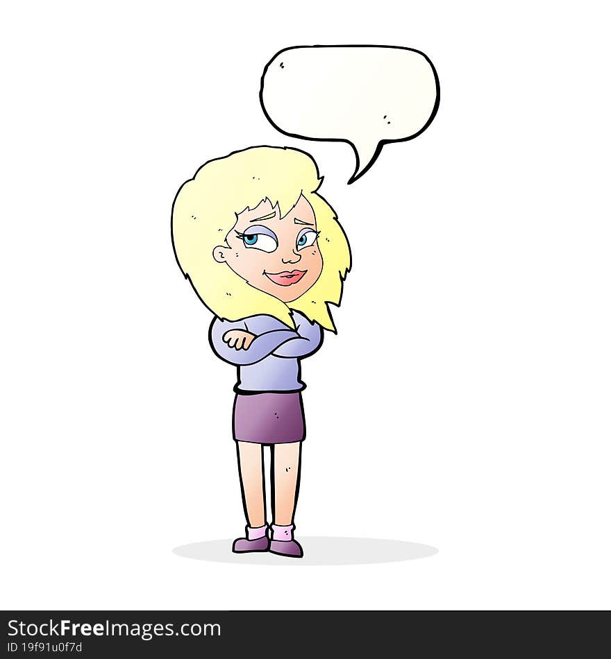 cartoon woman with crossed arms with speech bubble