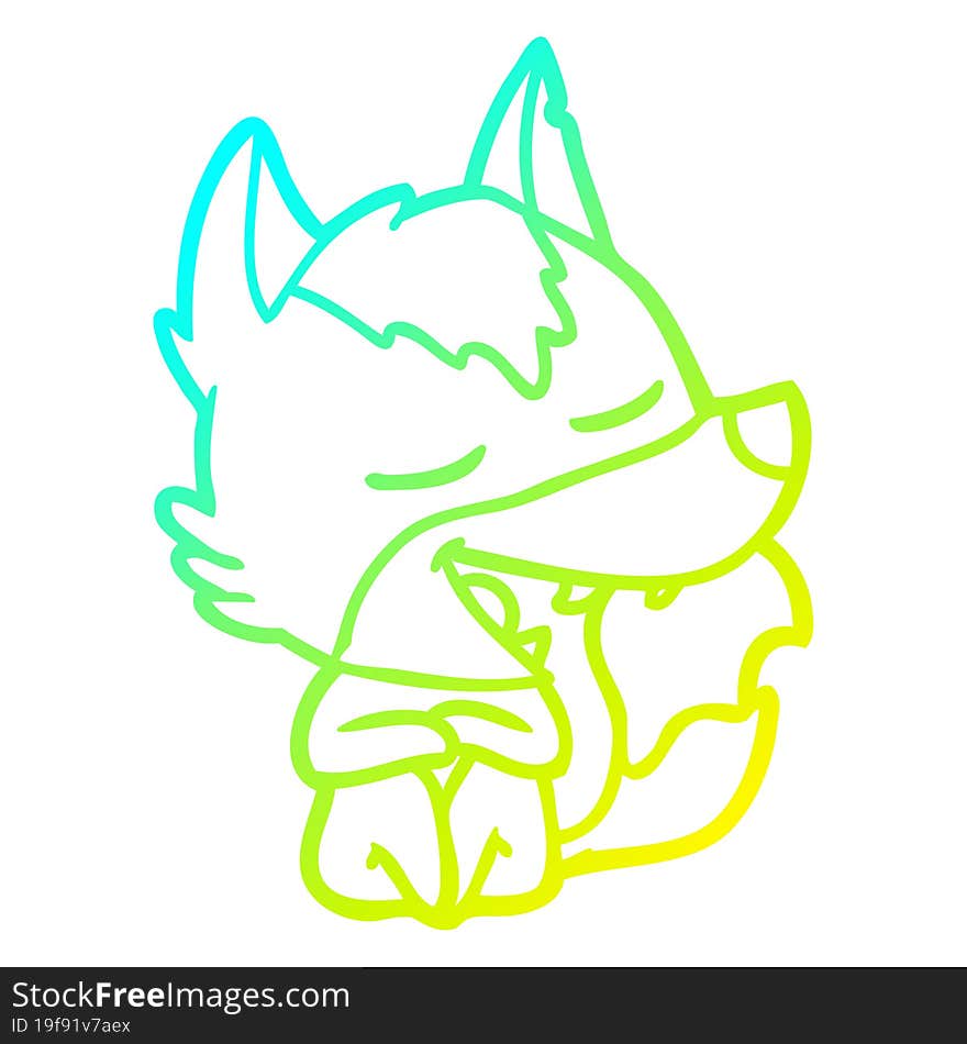 cold gradient line drawing of a cartoon wolf sitting laughing