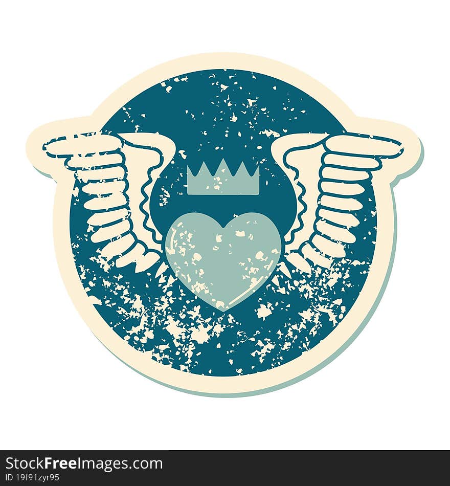 Distressed Sticker Tattoo Style Icon Of A Heart With Wings