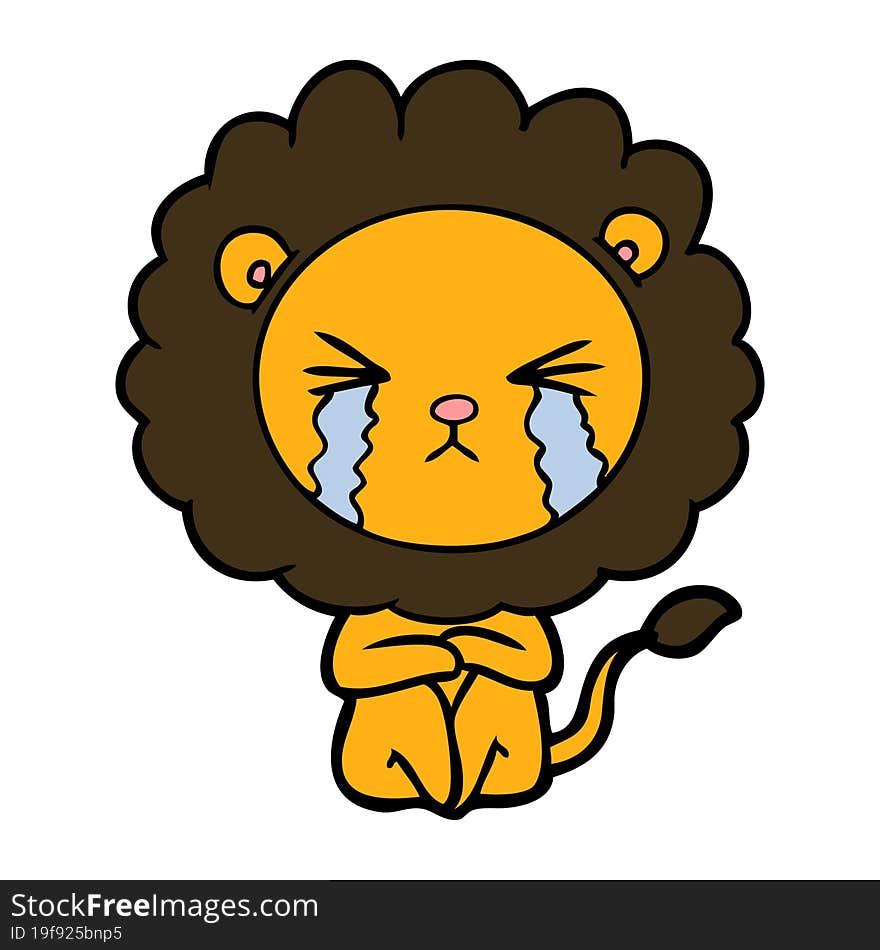 cartoon crying lion sitting huddled up. cartoon crying lion sitting huddled up