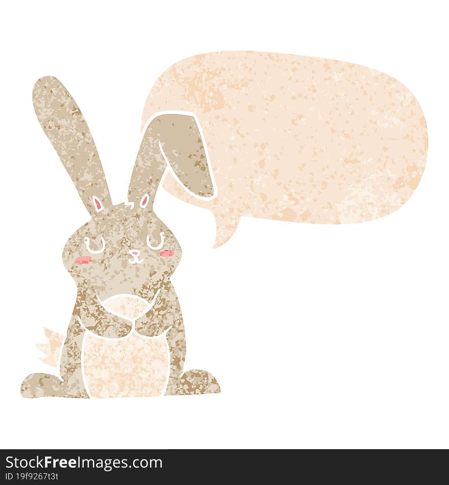 cartoon rabbit with speech bubble in grunge distressed retro textured style. cartoon rabbit with speech bubble in grunge distressed retro textured style