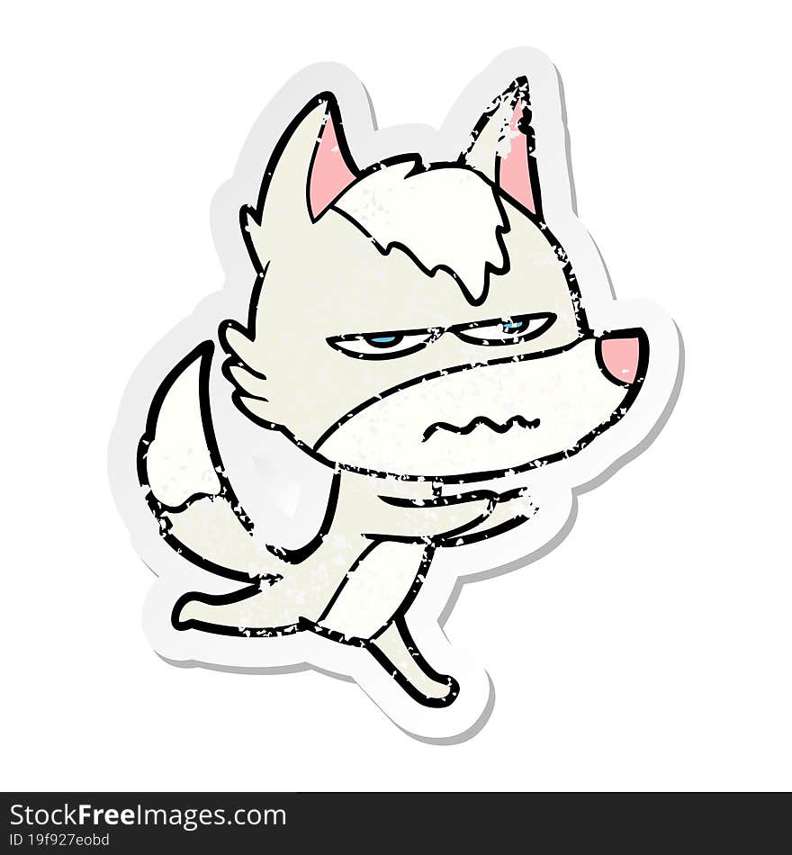 distressed sticker of a cartoon annoyed wolf