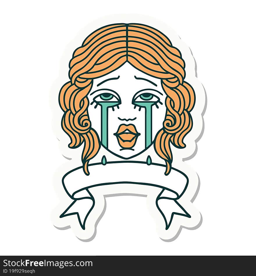 tattoo sticker with banner of a very happy crying female face