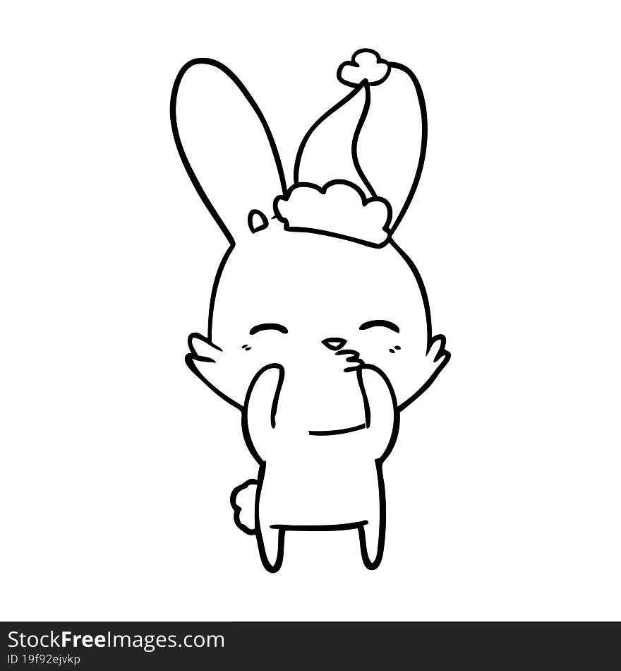 curious bunny line drawing of a wearing santa hat