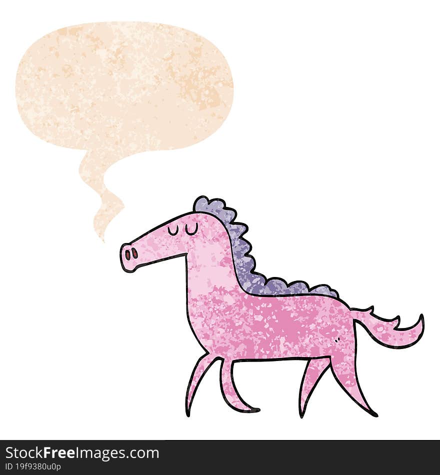 cartoon horse and speech bubble in retro textured style