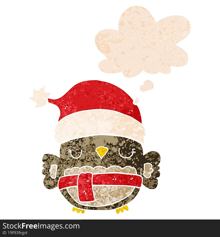 cute christmas owl and thought bubble in retro textured style