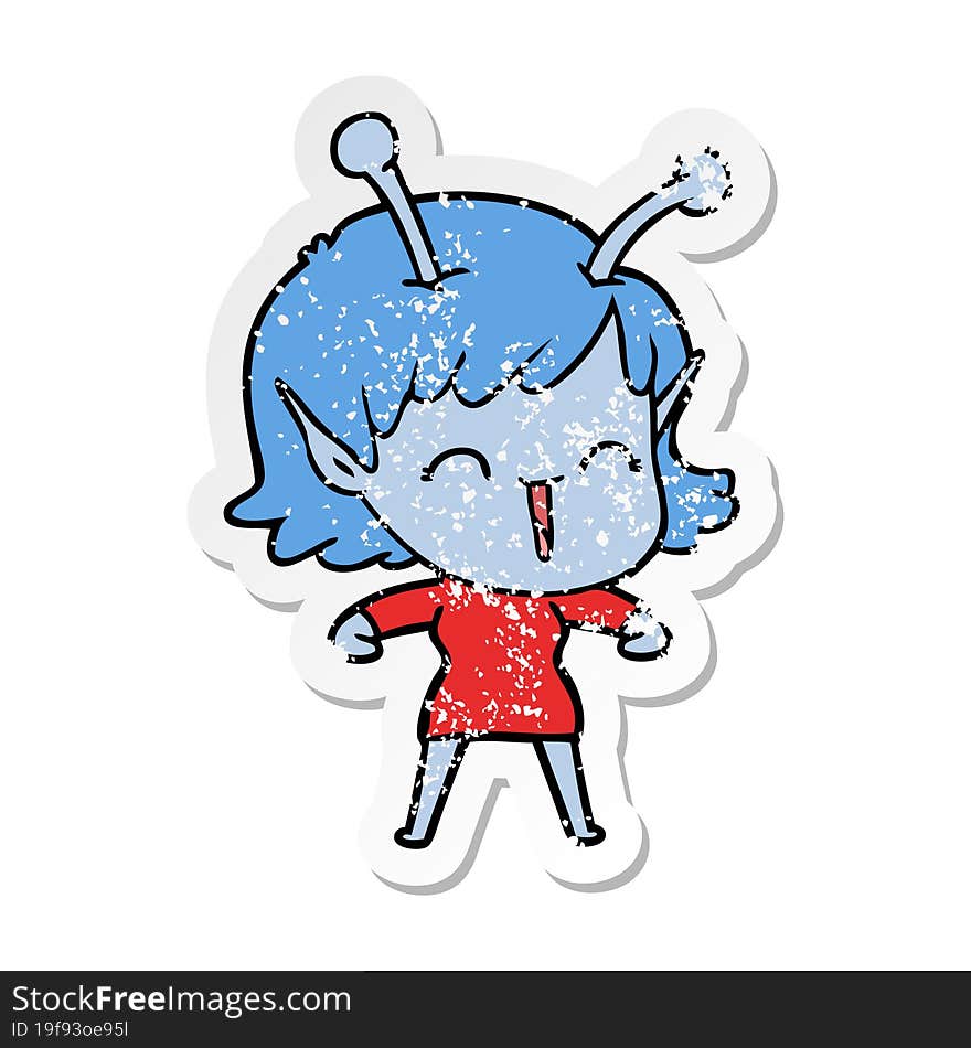 distressed sticker of a cartoon alien girl laughing