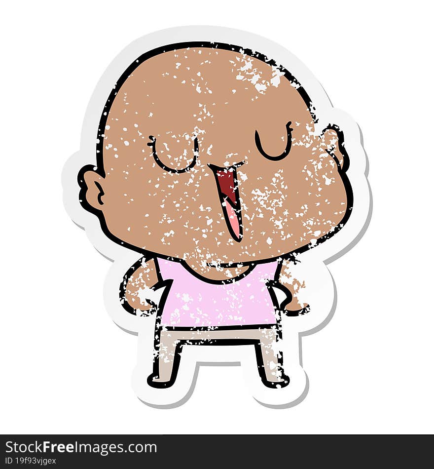 distressed sticker of a happy cartoon bald man