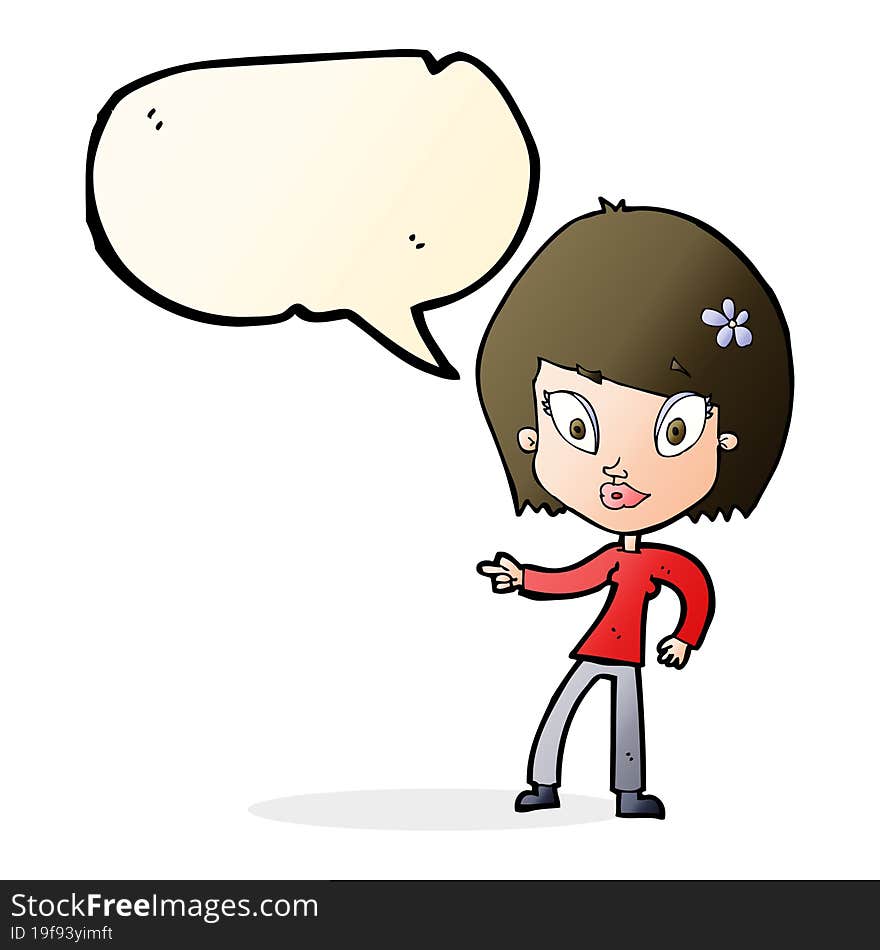 cartoon pretty woman pointing with speech bubble