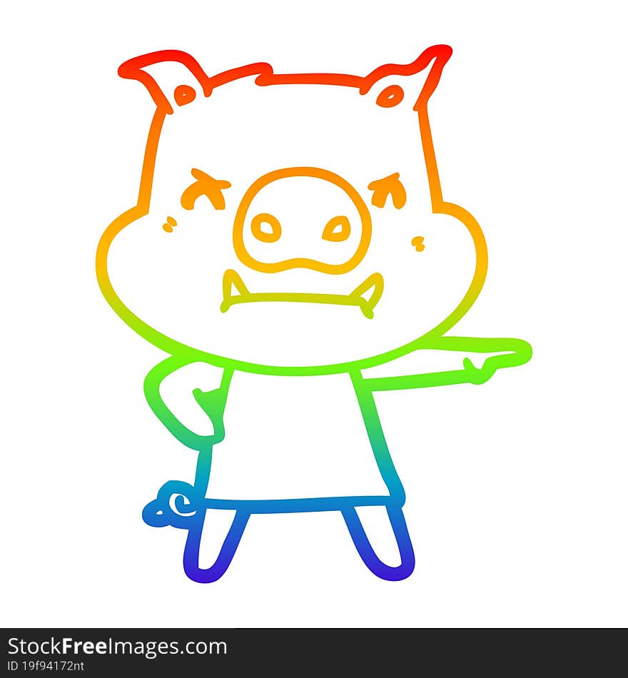 rainbow gradient line drawing of a angry cartoon pig in dress pointing