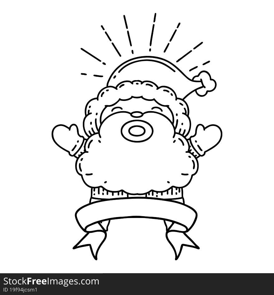 banner with black line work tattoo style santa claus christmas character