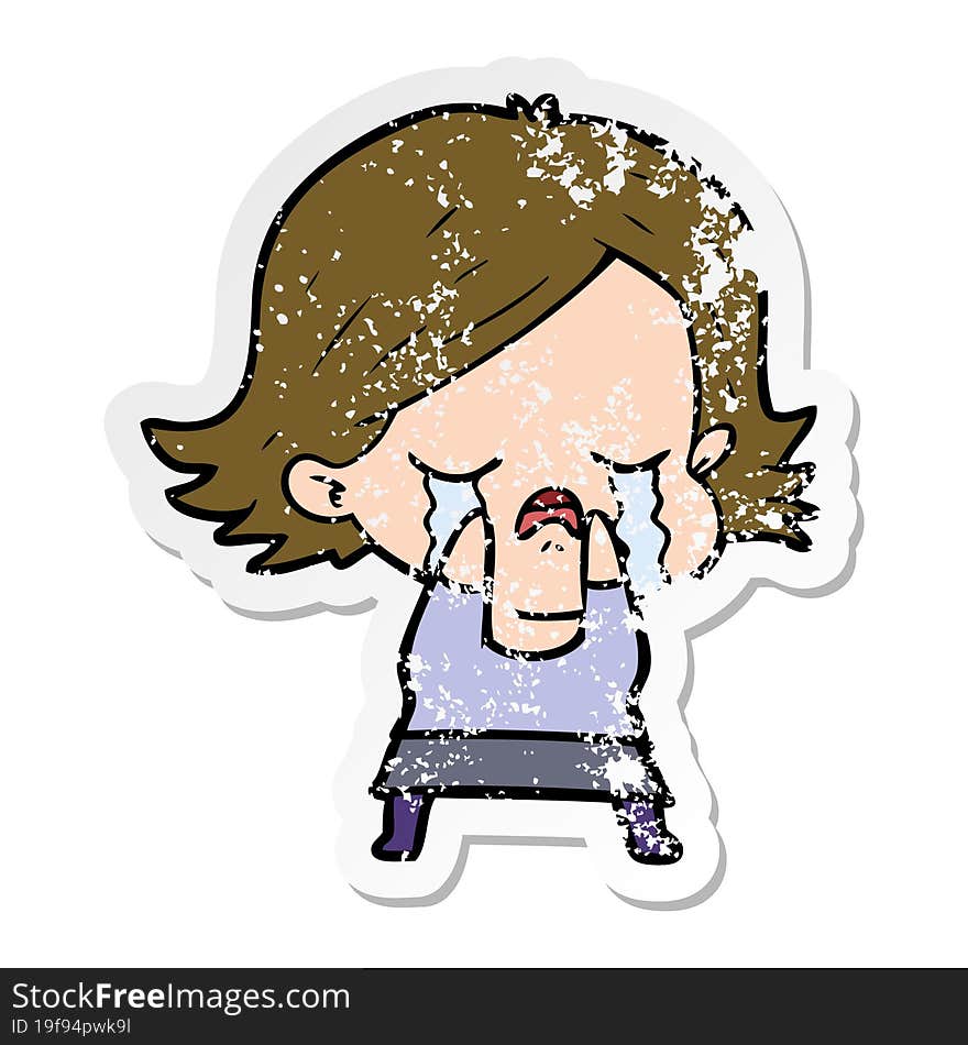 distressed sticker of a cartoon girl crying