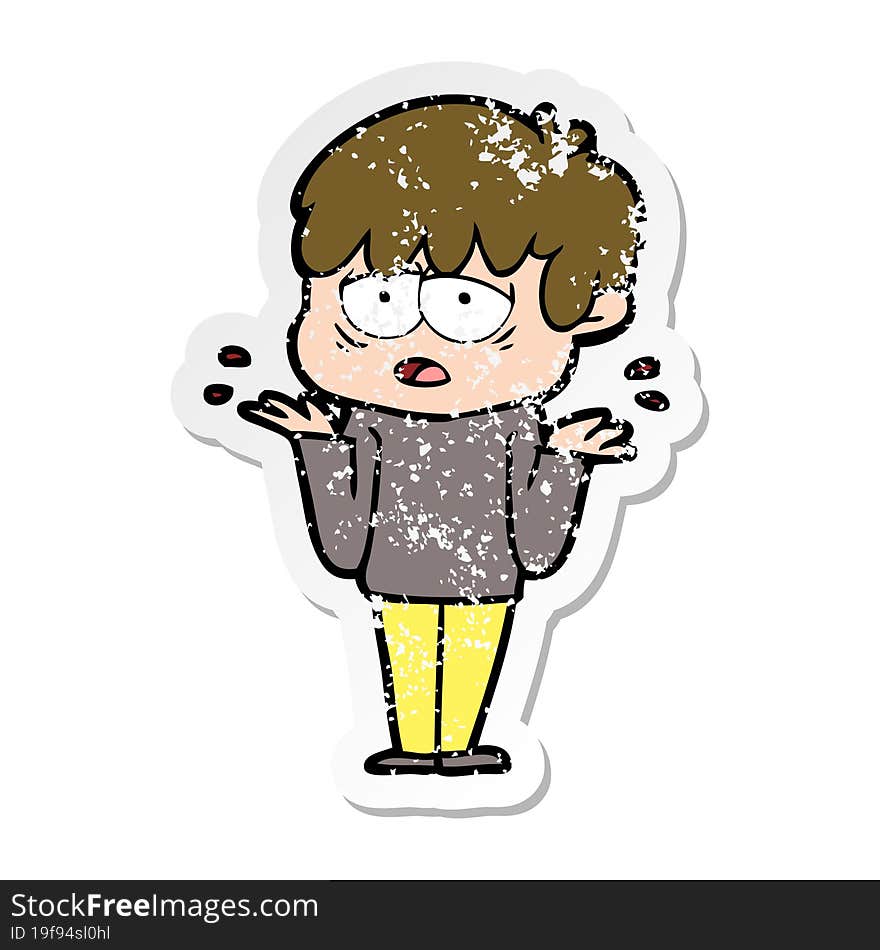 distressed sticker of a cartoon exhausted boy shrugging shoulders