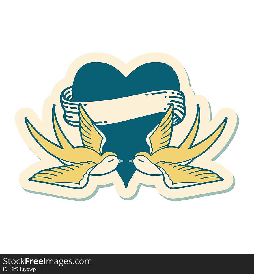 Tattoo Style Sticker Of A Swallows And A Heart With Banner