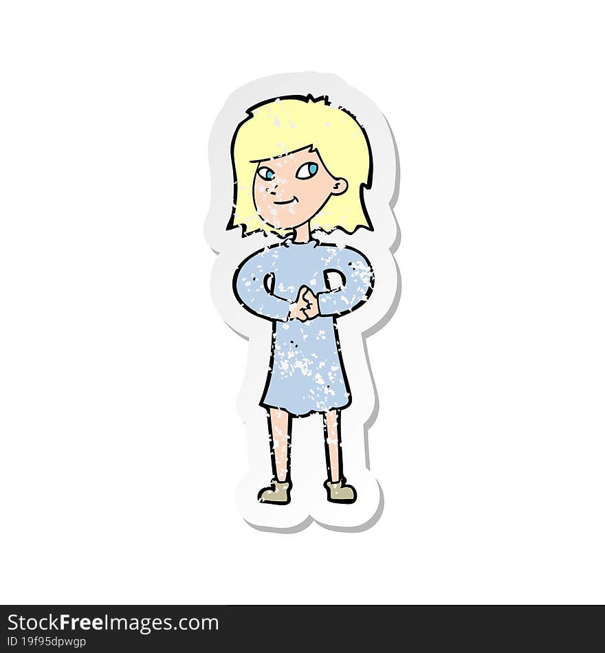 retro distressed sticker of a cartoon happy woman