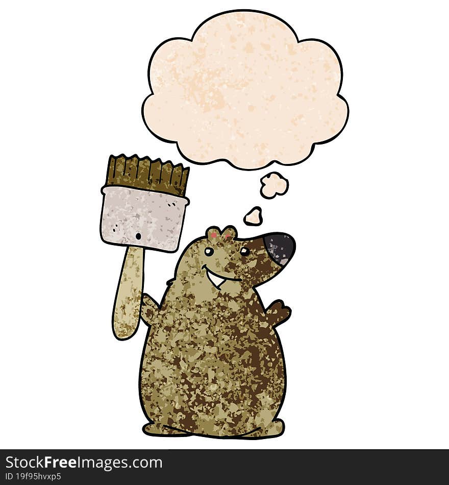 cartoon bear with paint brush and thought bubble in grunge texture pattern style