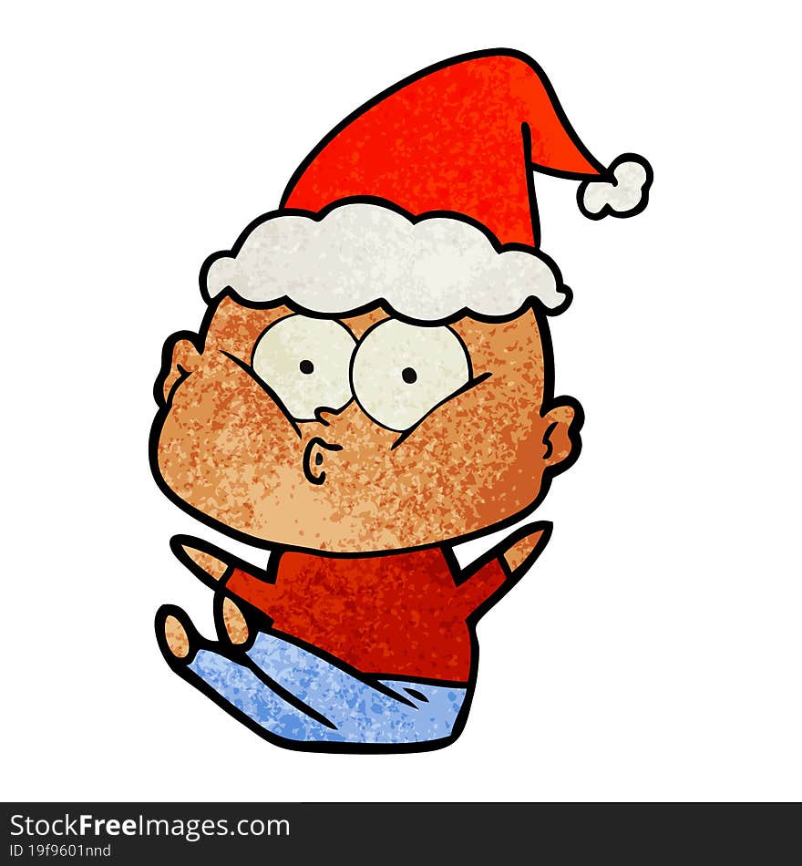 textured cartoon of a bald man staring wearing santa hat