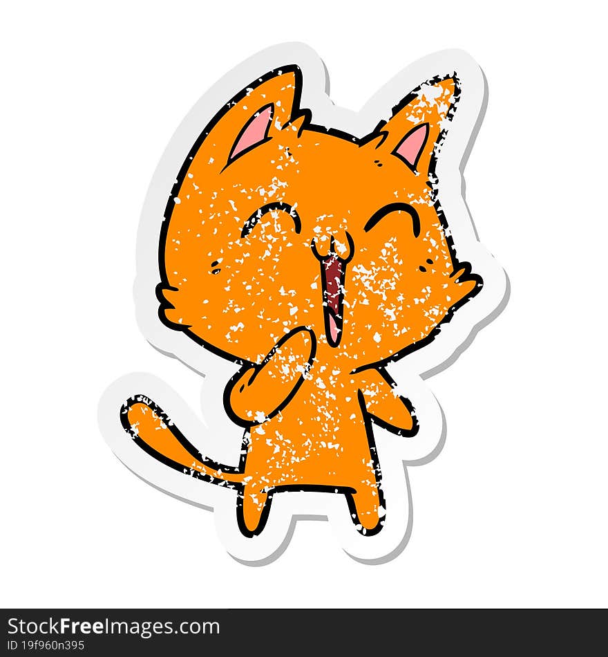 distressed sticker of a happy cartoon cat meowing