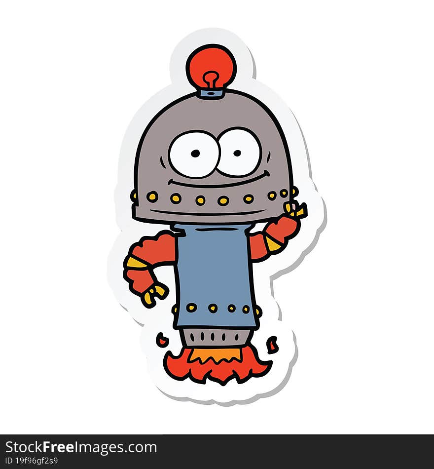 sticker of a happy carton robot with light bulb