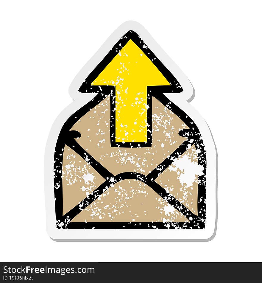 Distressed Sticker Of A Cute Cartoon Envelope With Arrow