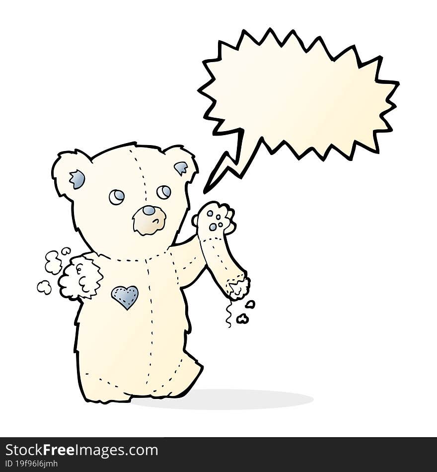 cartoon teddy polar bear with torn arm with speech bubble