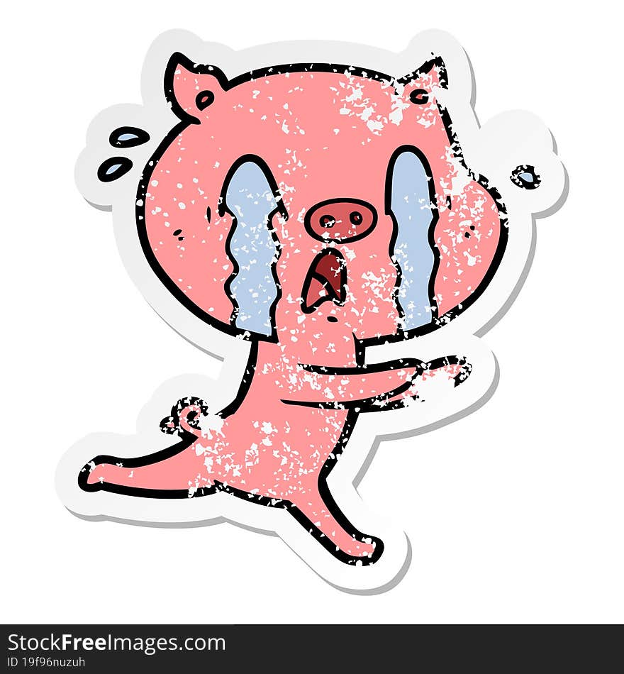 distressed sticker of a crying pig cartoon