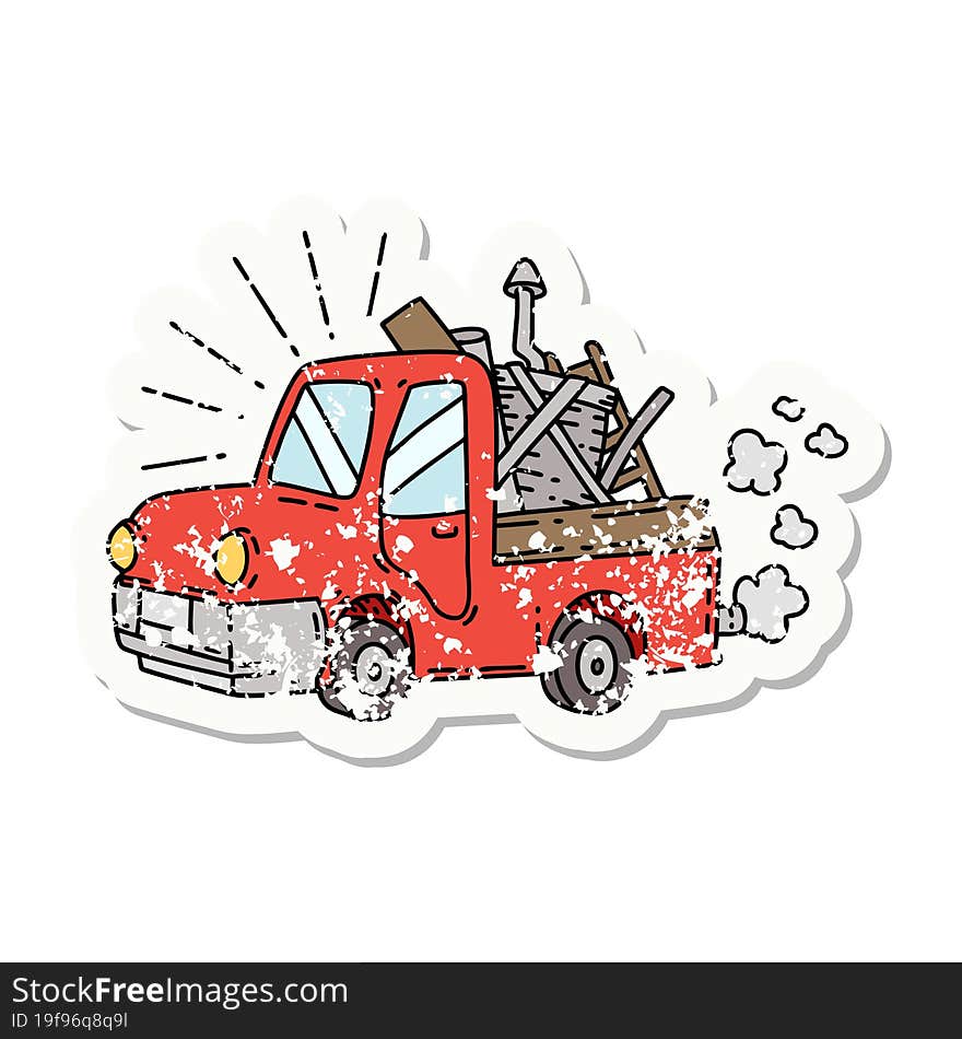 grunge sticker of tattoo style truck carrying junk