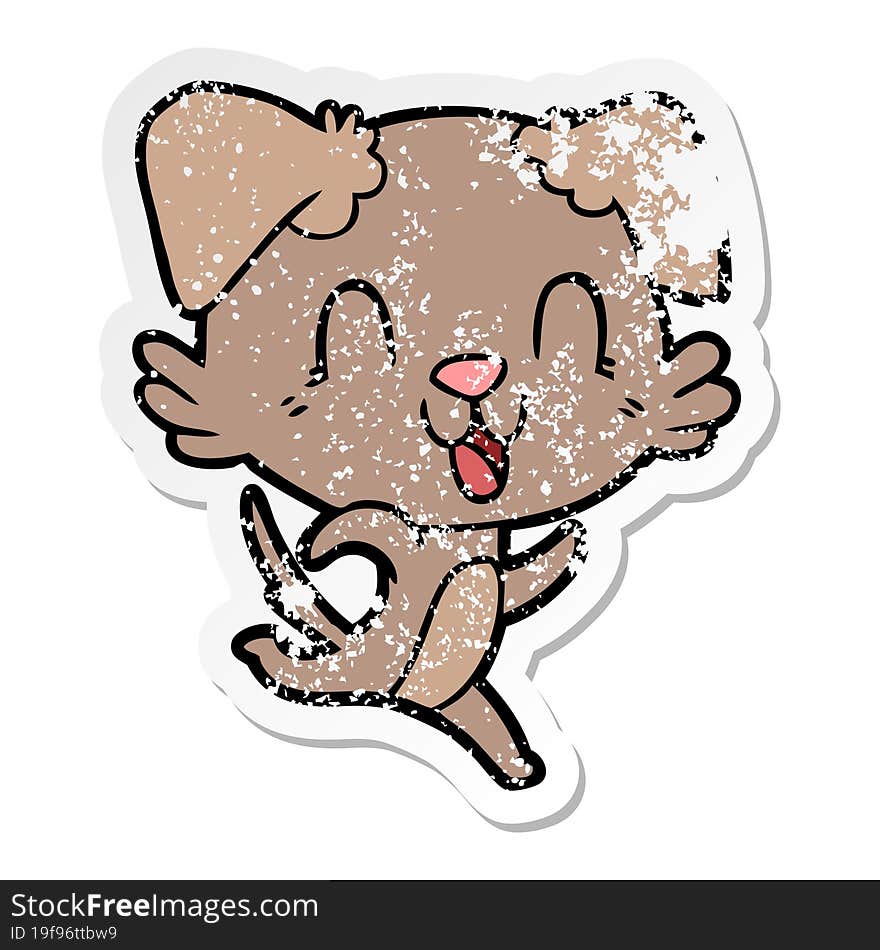 distressed sticker of a laughing cartoon dog